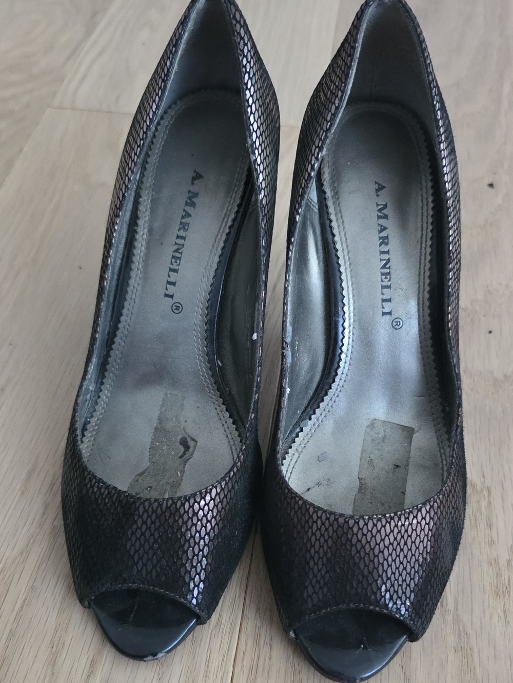 A. Marinelli Metallic Black/Bronze Snake-Print Peep-Toe Heels
